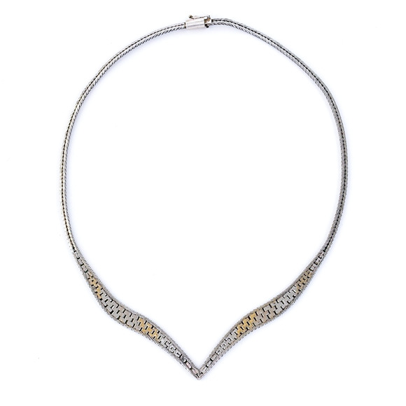 Vintage FMC Sterling Silver 925 Two Tone V-Link Collar Necklace 17” - Picture 1 of 5